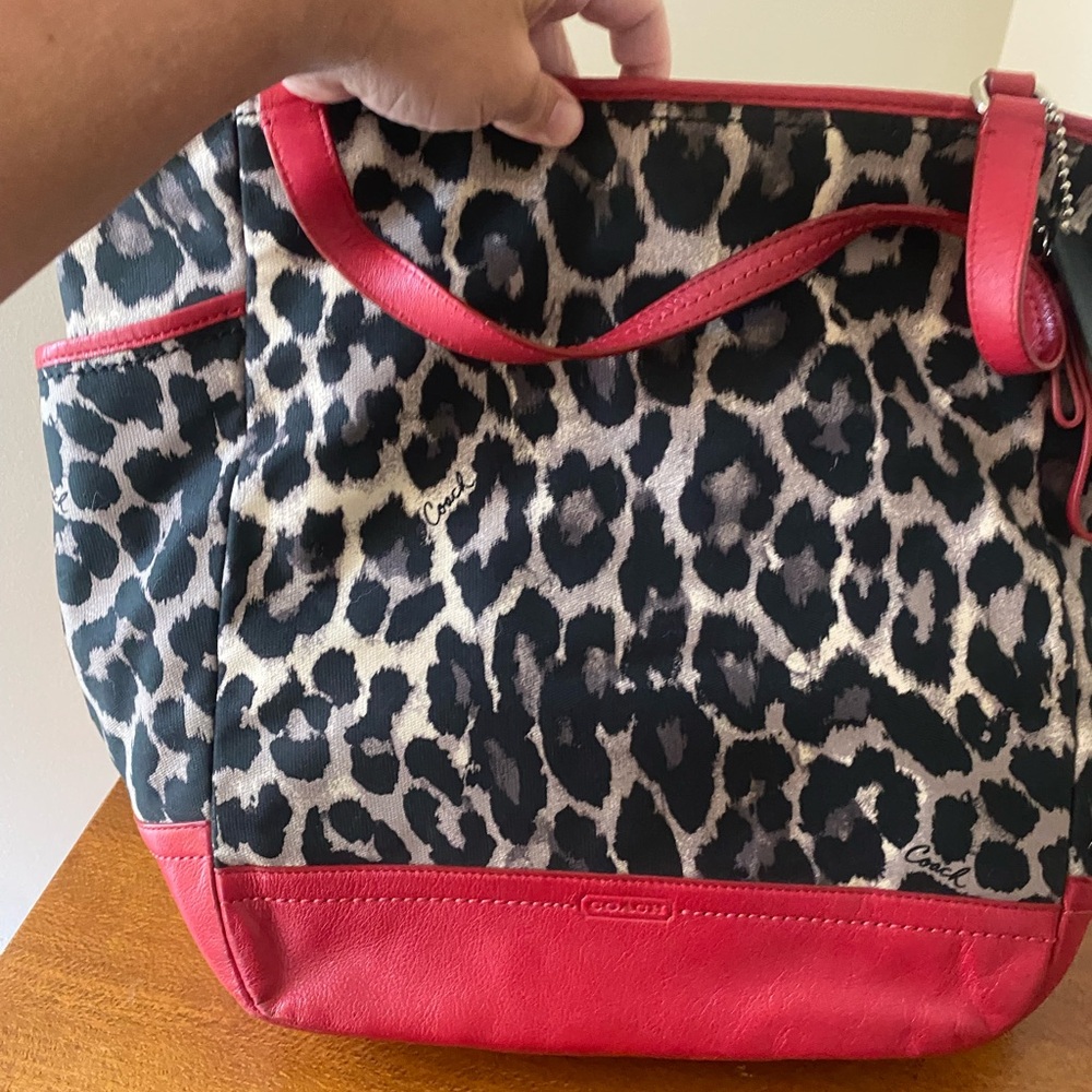 Coach Leopard Print Tote with Red Accents